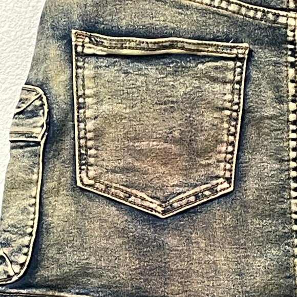AMERICAN BAZI Denim Mini Skirt Cargo Pockets Over-dyed Distressed Blue Size L - Picture 8 of 13